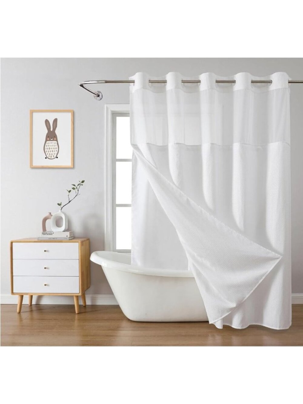 Eachope White Shower Curtain No Hooks Mesh Top Window 71Wx74H Waterproof Bathroo